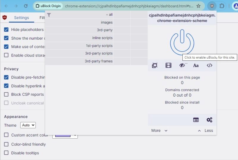 Utilizzo dell'estensione di sicurezza Chrome uBlock Origin per bloccare annunci, tracker e altro.