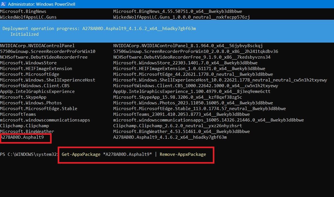 特定のアプリケーションの名前でPowerShellでアプリケーション削除コマンドを初期化。