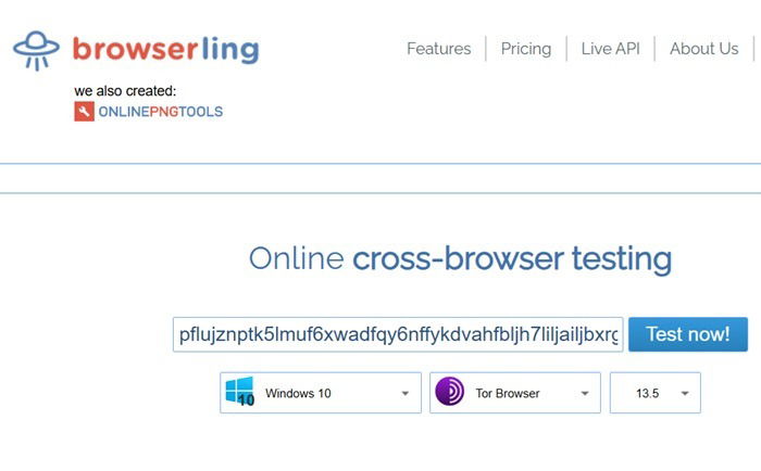 Test inter-navigateurs de Browserling d'un lien onion utilisant Tor.