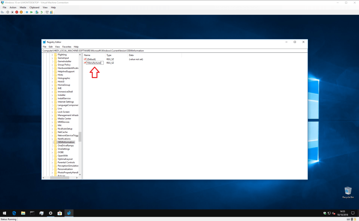Windows 10のOEM情報をレジストリで編集するスクリーンショット