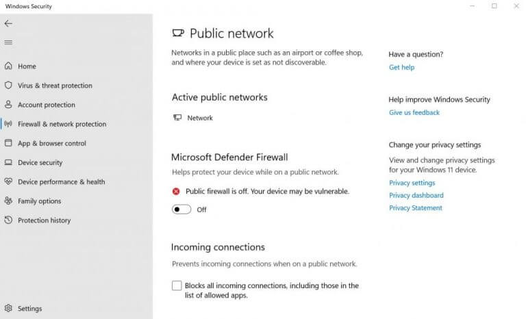 disabilita firewall di windows