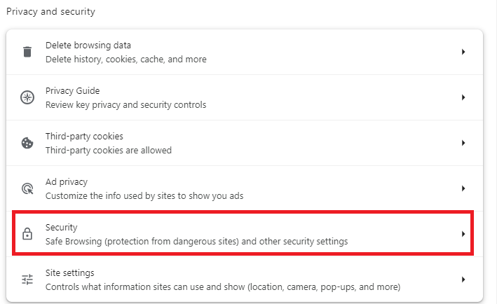 Vai all'opzione Sicurezza nelle Impostazioni del Browser Chrome.