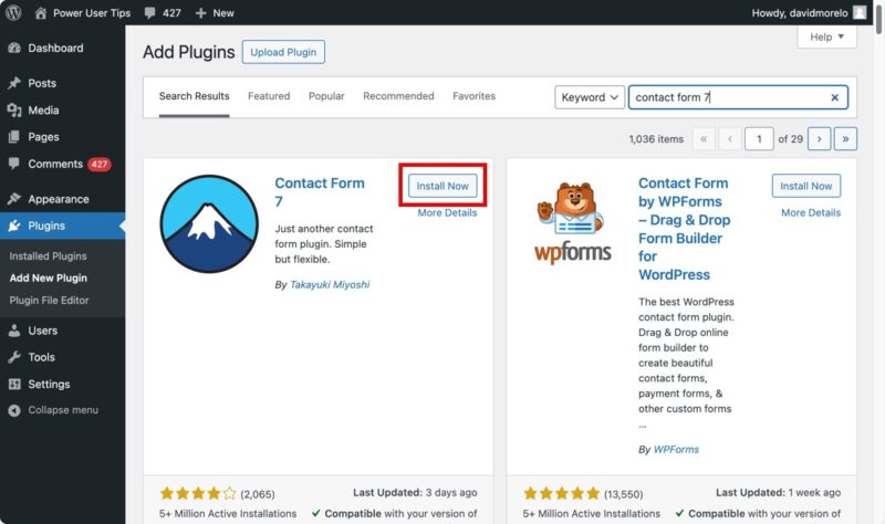 WordPressにContact Form 7プラグインをインストールするボタンが強調表示されています