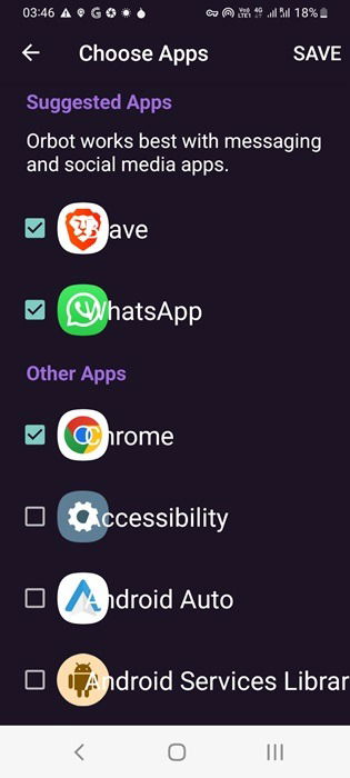 Enregistrement de l'application Chrome sur Android pour ouvrir des liens Tor via Orbot.