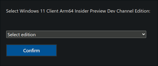 Una captura de pantalla del cuadro de descarga de Windows 11 ARM en el sitio web de Windows Insider.