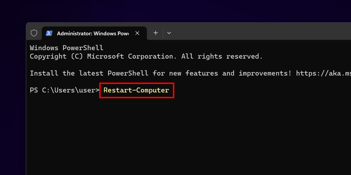 ターミナルアプリで「Restart-Computer」コマンドを入力しています。