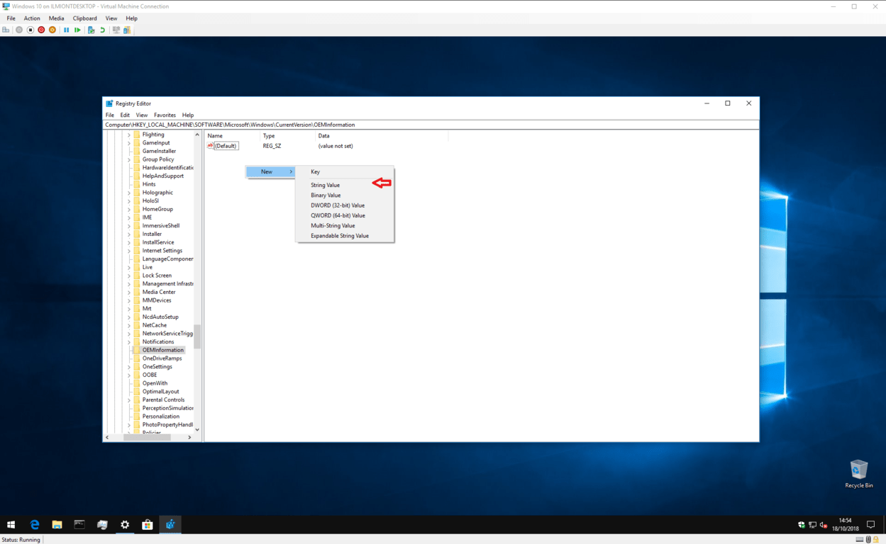 Windows 10のOEM情報をレジストリで編集するスクリーンショット