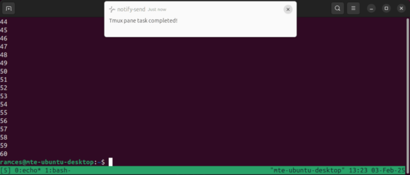 Un terminal montrant la notification toast libnotify pour la tâche Tmux en cours.