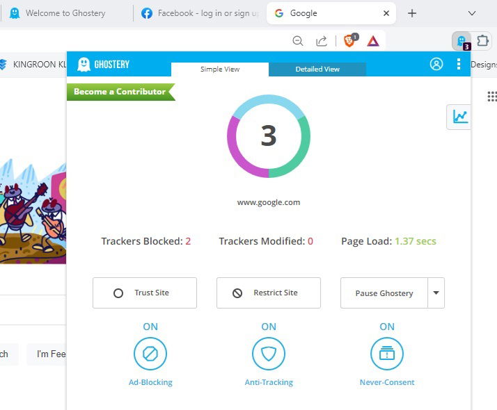 Estensione di sicurezza Chrome Ghostery che mostra i tracker bloccati su Google.