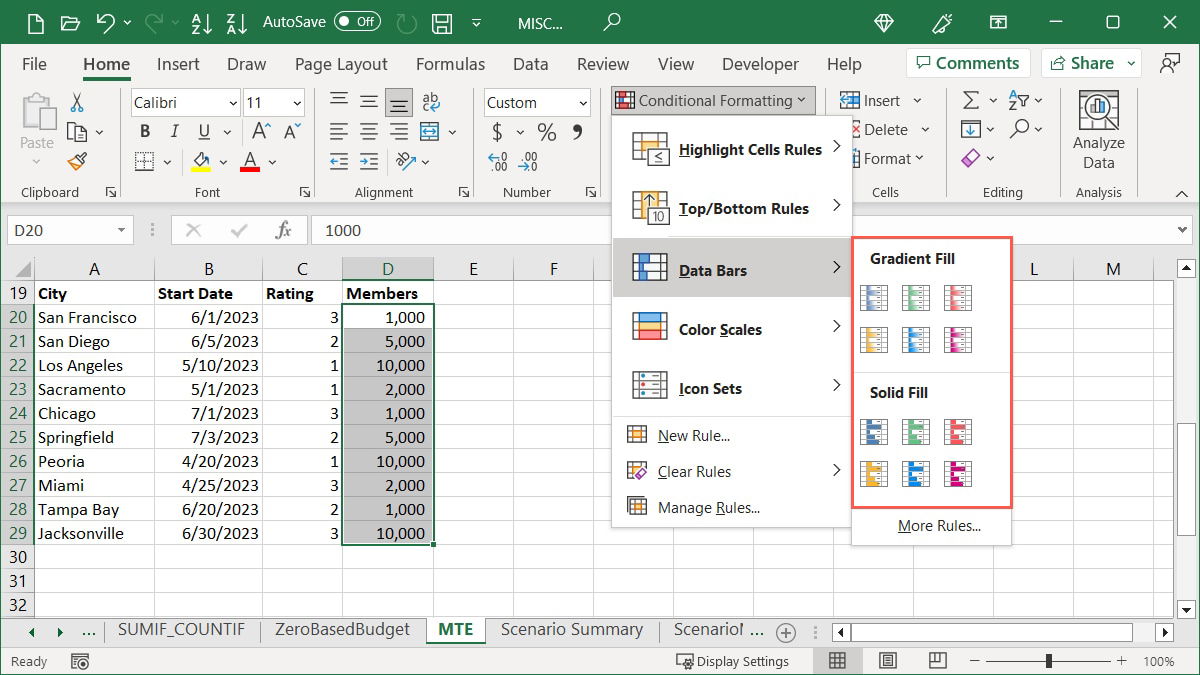 Optionen für Datenbalken