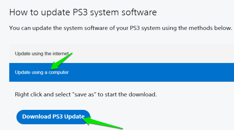 Sony PlayStation website with PS3 firmware update download button