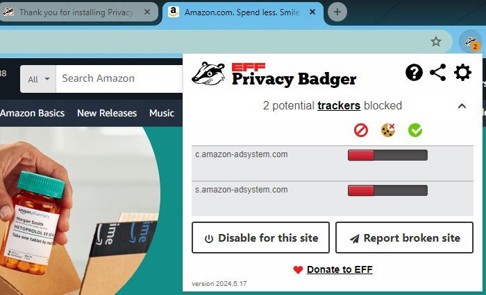 Utilizzo di Privacy Badger, una delle migliori estensioni di privacy per Chrome, per bloccare i tracker su Amazon.