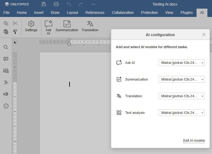 Einrichten der ONLYOFFICE KI-Plugin-Konfiguration.