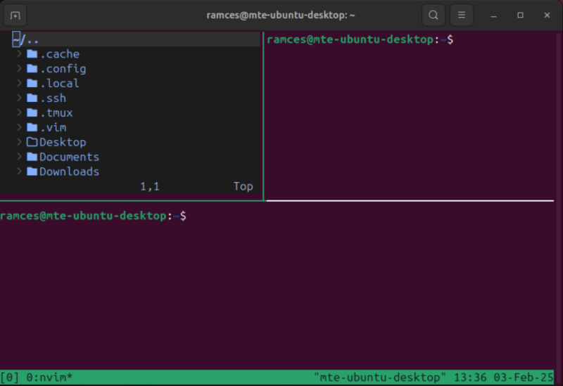 Un terminal montrant le plugin Treemux en action sur des panneaux individuels.