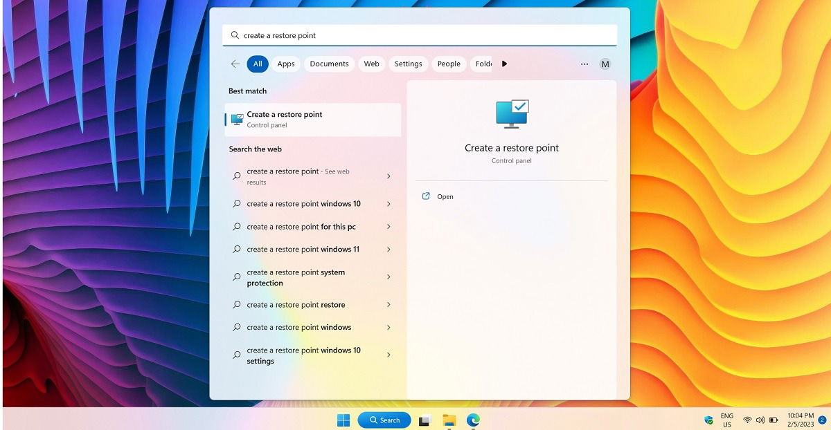 Rechercher Créer un point de restauration dans le menu de recherche Windows.