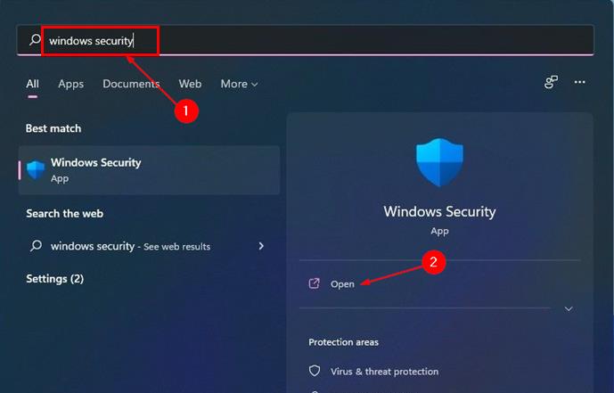 Apertura Sicurezza di Windows da Windows Search.