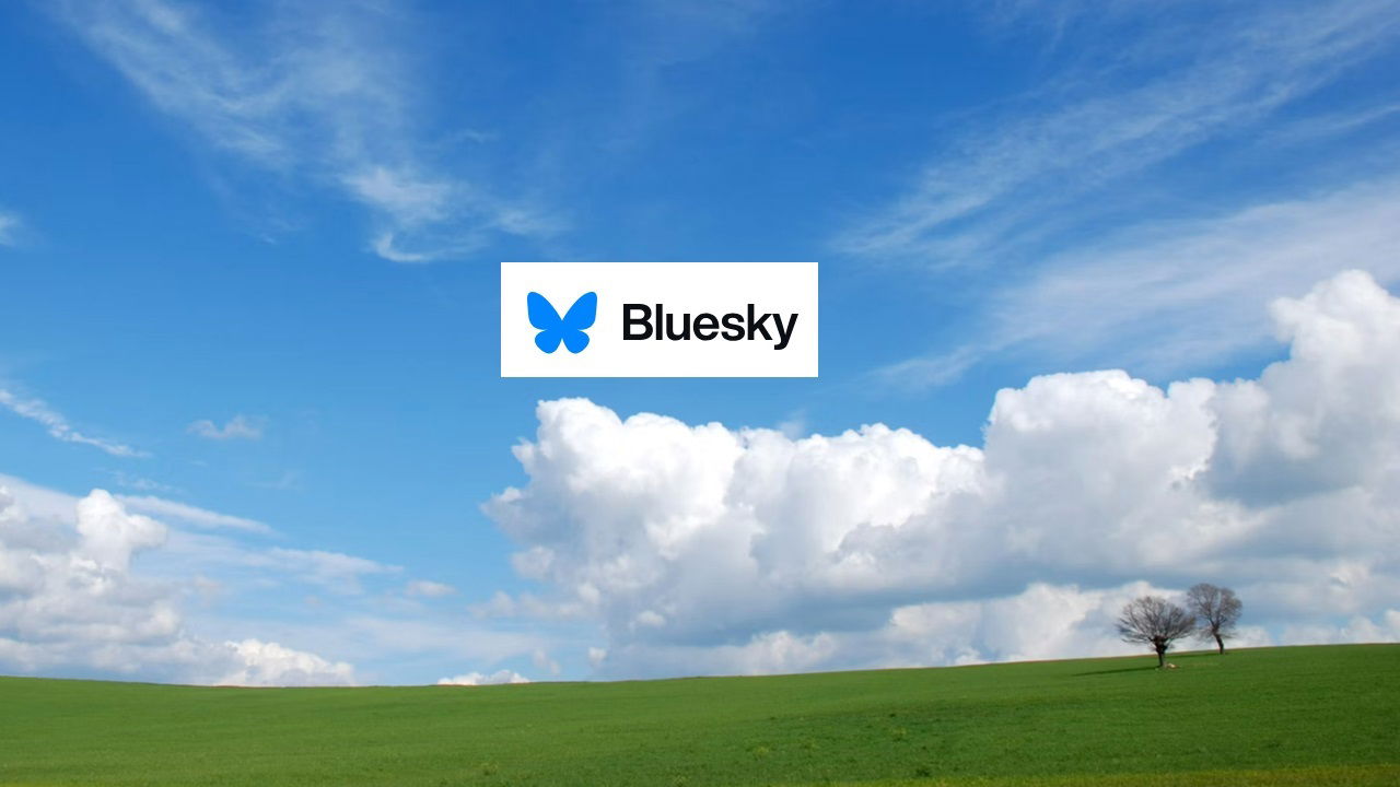 Ein blauer Himmel über grünem Gras mit dem Bluesky-Logo.
