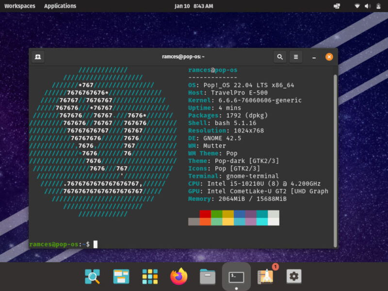 Una captura de pantalla que muestra un escritorio de ejemplo en Pop!_OS.