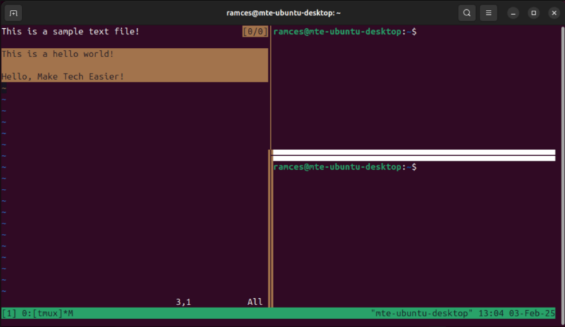 Un terminal montrant une configuration Tmux multi-panneaux avec un panneau marqué et un panneau en mode copie.