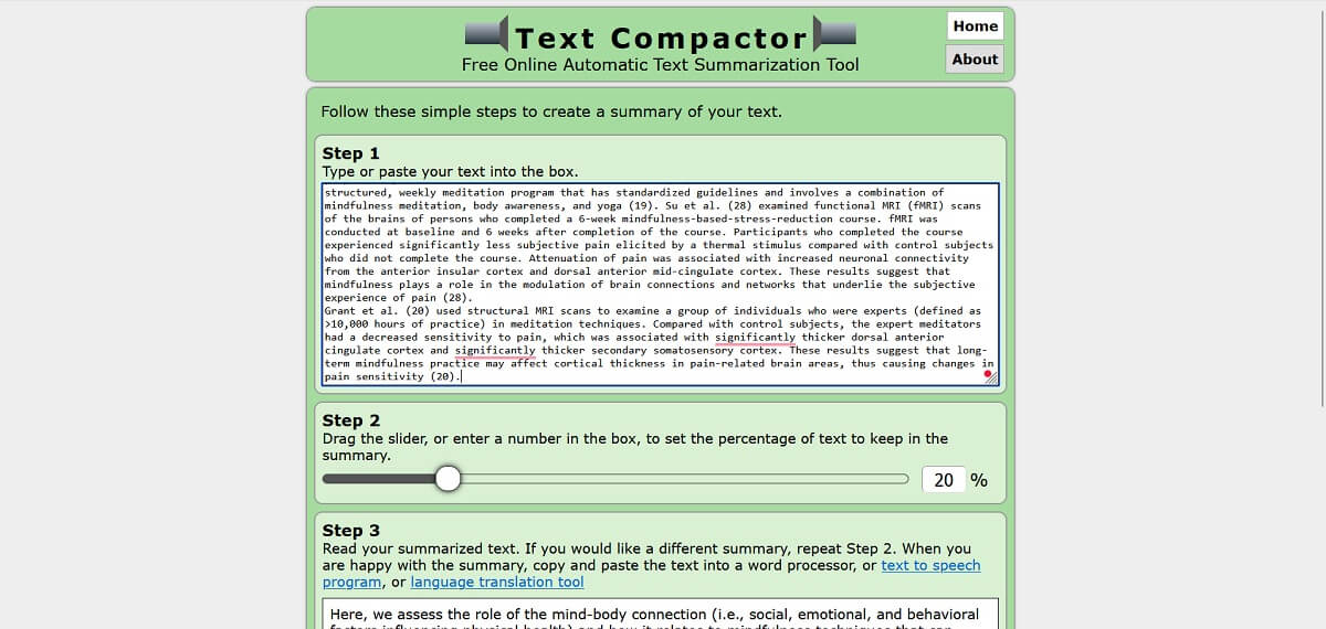 Text Compactor Website-Übersicht im Browser.