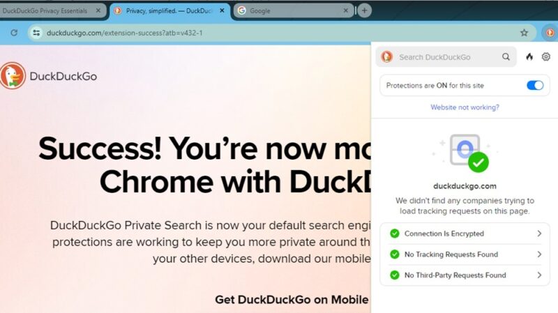Estensione di privacy Chrome DuckDuckGo che mostra che le protezioni sono attive.