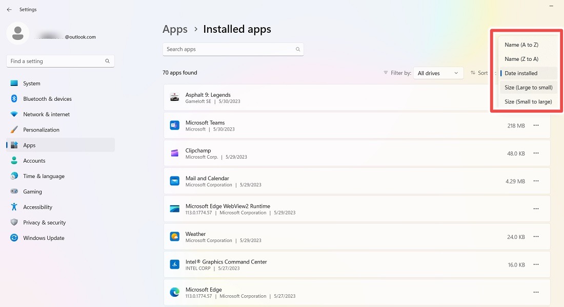 Windowsマシンにインストールされているアプリを表示。