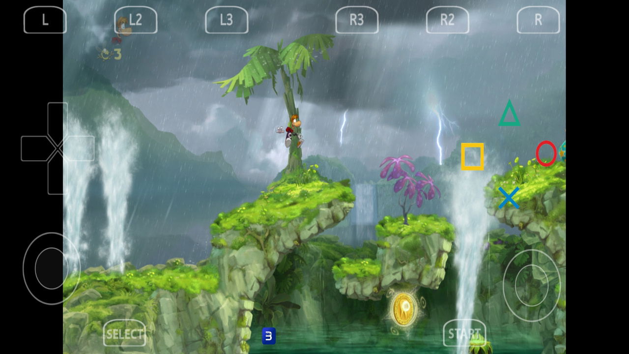 Rayman Origins playing on aPS3e with controls showing
