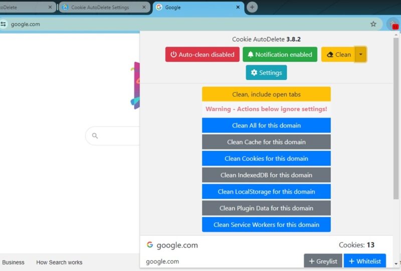 Utilizzo di Cookie AutoDelete per rimuovere i cookie lasciati dopo la navigazione.