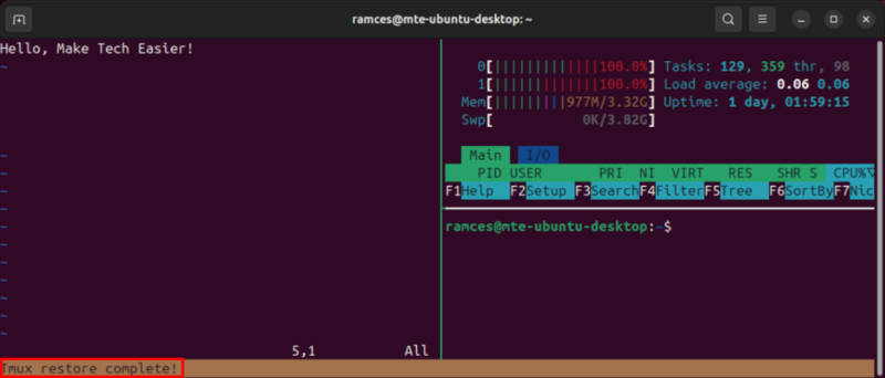 Un terminal montrant le processus de restauration dans tmux-resurrect qui inclut la récupération de l'état du programme.
