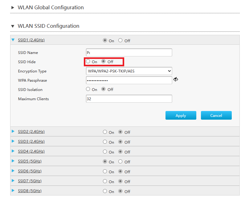 Настройка WLAN SSID Скрыть SSID