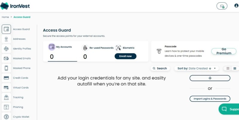 Dashboard principale di IronVest per impostare la sicurezza dell'account.