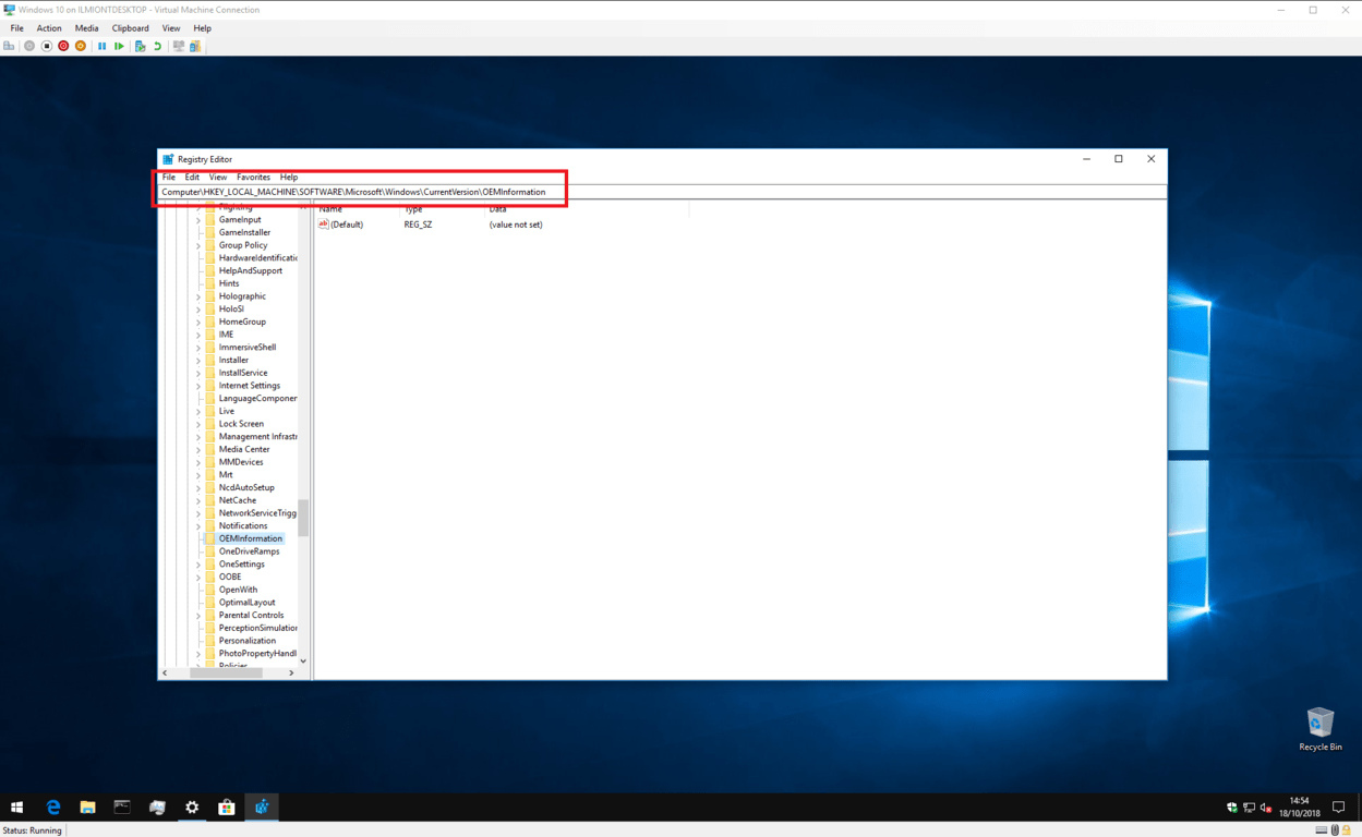 Windows 10のOEM情報をレジストリで編集するスクリーンショット