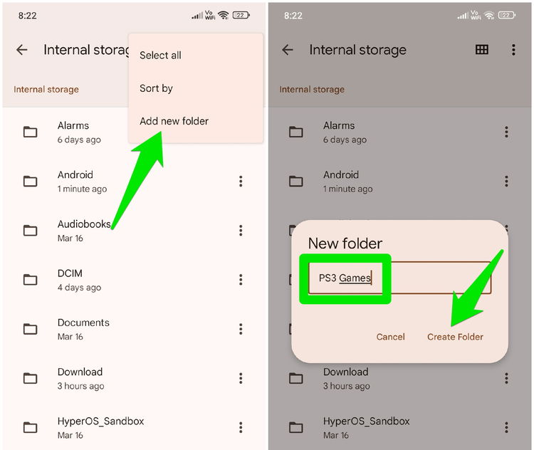 Creating a new folder in Android with PS3 Games name