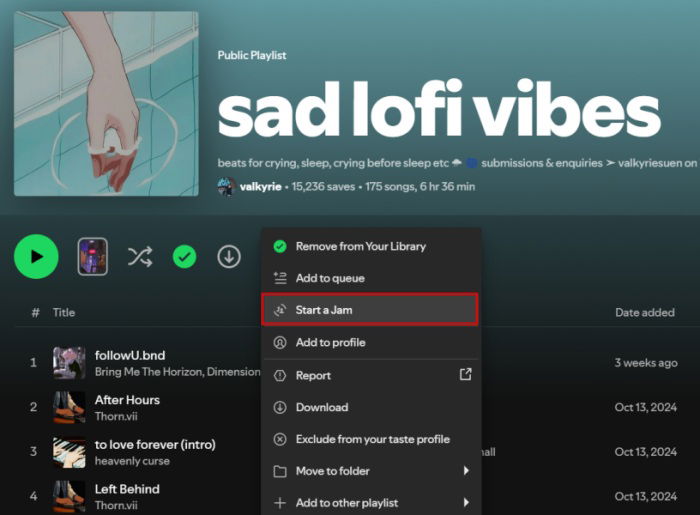 Avviando un Jam dalla playlist nell'app desktop di Spotify.