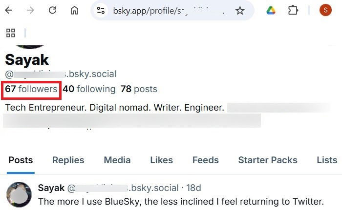 普通のブルースカイアカウント上のフォロワー数を表示。