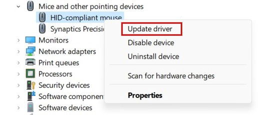 Aggiornamento driver mouse in Gestione dispositivi.