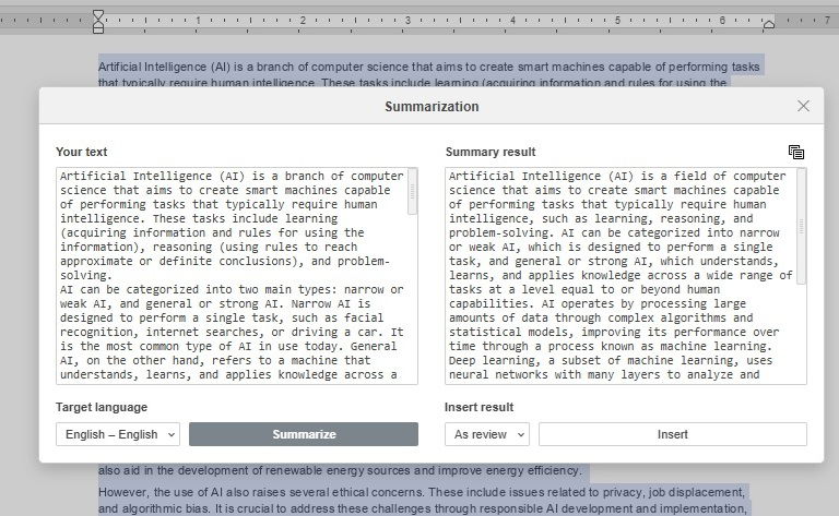Zusammenfassen von Text mit dem ONLYOFFICE KI-Plugin.