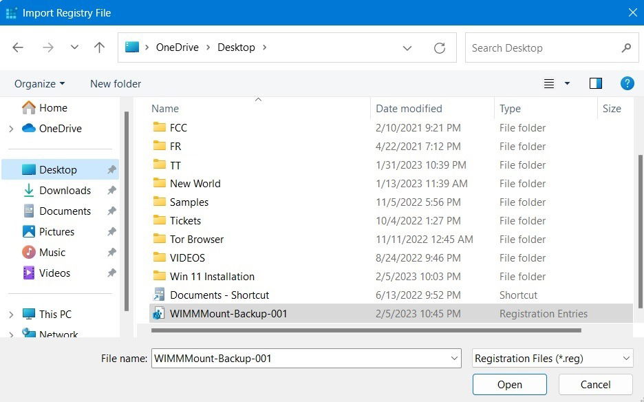 Importer une clé de registre depuis un emplacement enregistré sur votre ordinateur.