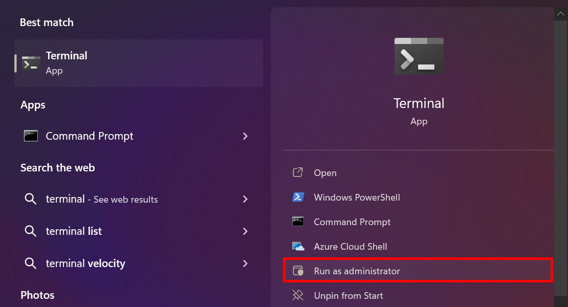 Windows検索から管理者としてターミナルアプリを開いています。