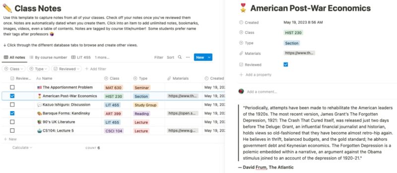 Notas de Clase, una de las mejores plantillas gratuitas de Notion para estudiantes, con notas de clase expandidas.
