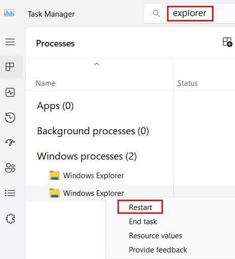 Riavvio di Windows Explorer tramite Gestione attività.