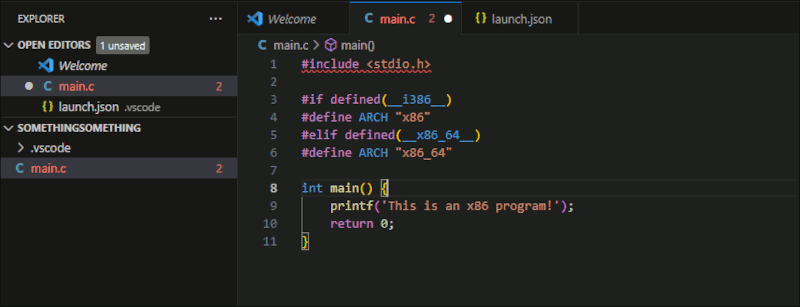 Código C definiendo la arquitectura x86 y anunciando que es un programa x86.