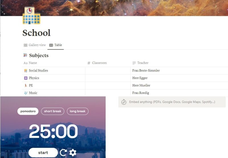 Una de las mejores plantillas gratuitas de Notion para estudiantes, Panel de Estudiante con temporizador Pomodoro.