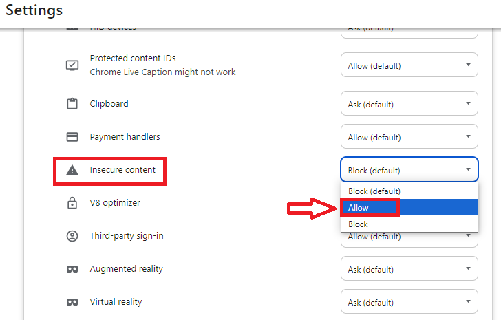 Consenti la navigazione di contenuti non sicuri per una pagina web specifica per disabilitare il Download Non Sicuro Bloccato.