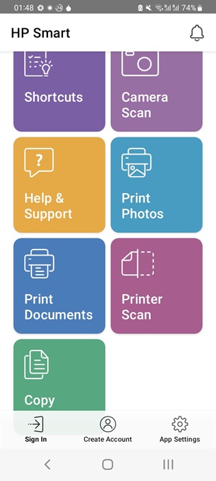 Druckoptionen der HP Smart Android-App, wie 