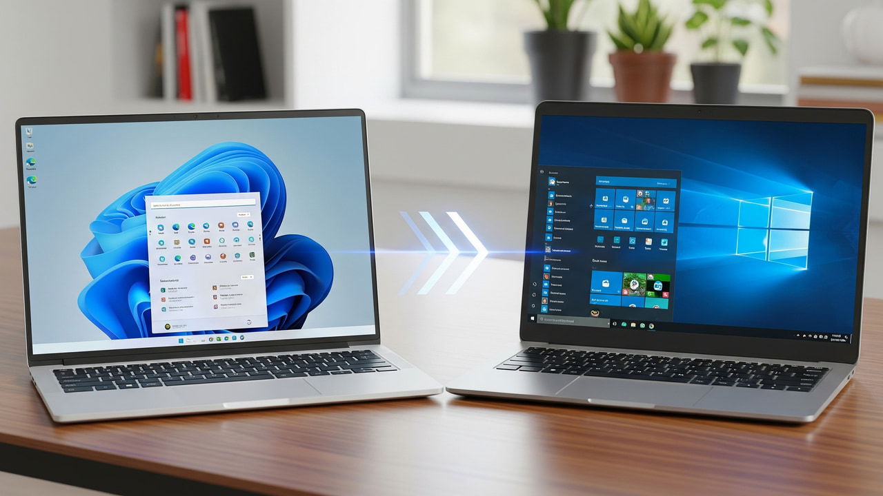 Windows 11 und Windows 10 Laptops nebeneinander auf einem Tisch