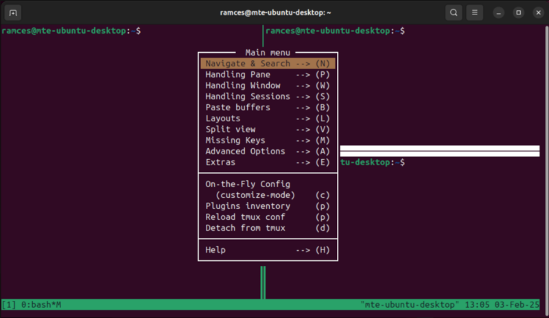 Un terminal montrant le plugin tmux-menus en action.