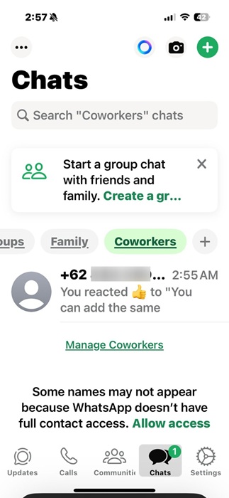 가족, 동료 및 기타 목록이 수평 필터 바에 표시된 WhatsApp 목록 기능.
