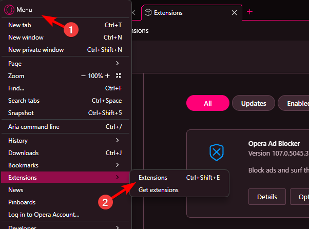 extensions opera gx menu