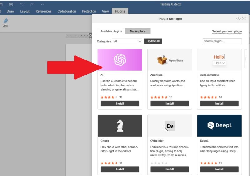 Installation des ONLYOFFICE KI-Plugins.